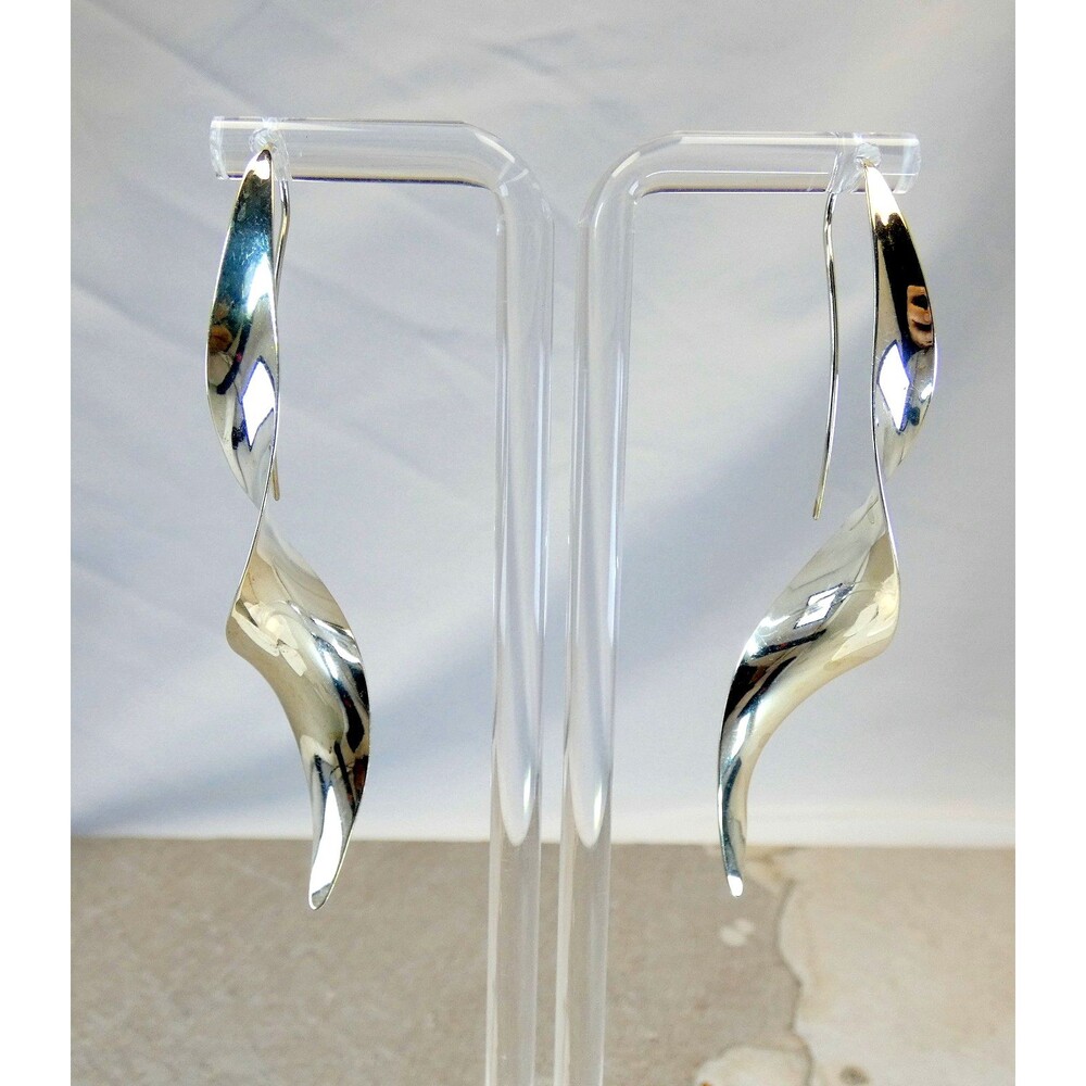 VTG Sterling Silver Long Drop Dangle Twist Earrings Modernist Abstract 3"